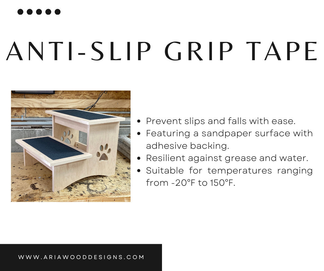 Image displaying information about the anti-slip grip tape option for pet steps, featuring a close-up view of the tape's texture and placement on a step, with text describing its safety benefits.