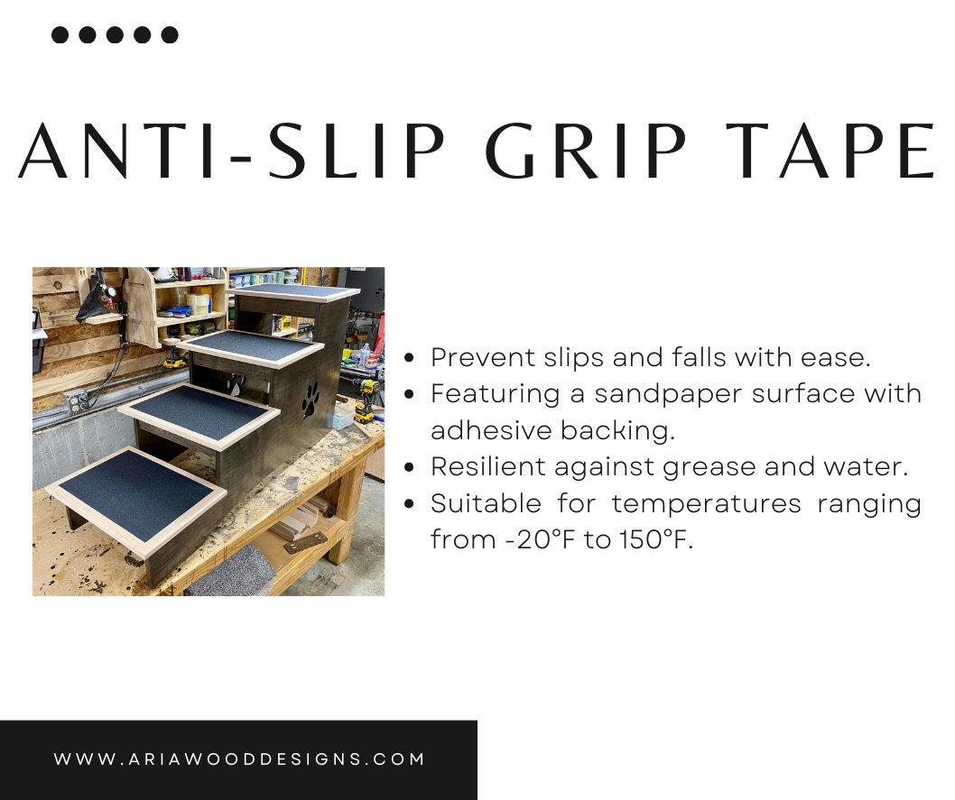 Image displaying information about the anti-slip grip tape option for pet steps, featuring a close-up view of the tape's texture and placement on a step, with text describing its safety benefits.