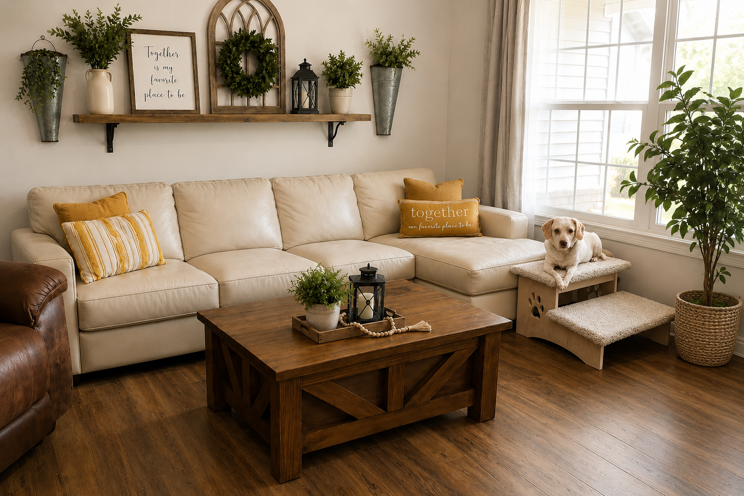 Cozy living room with beige sectional sofa, wooden coffee table, and decorative elements.