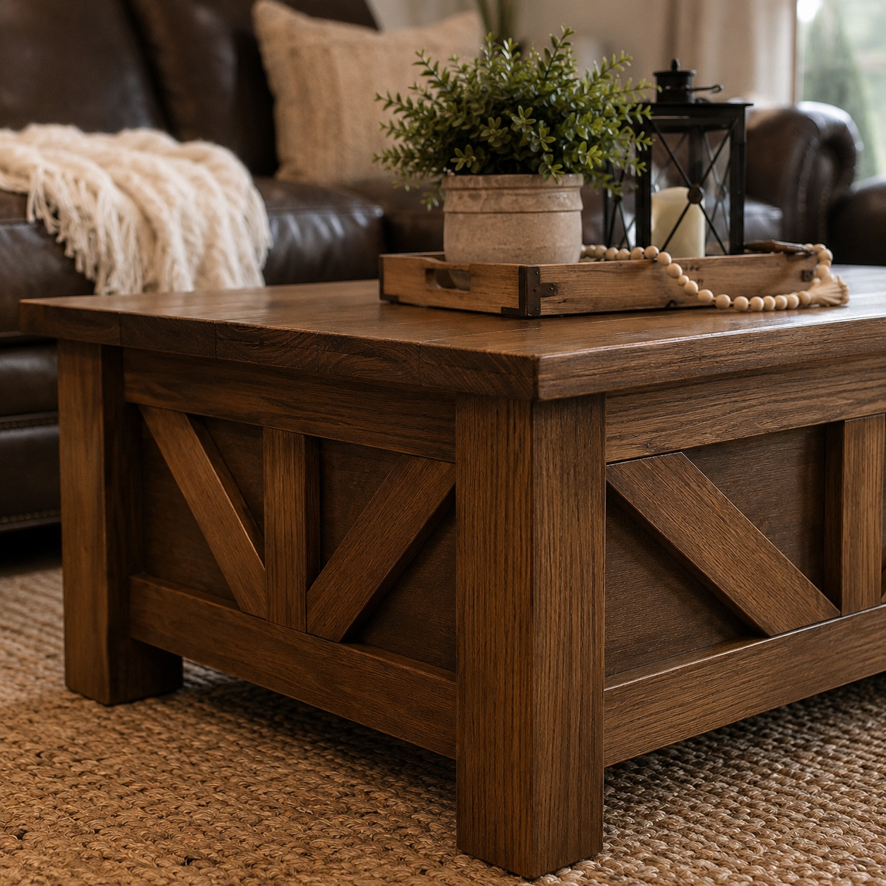 Wooden coffee table with decorative items in a living room setting