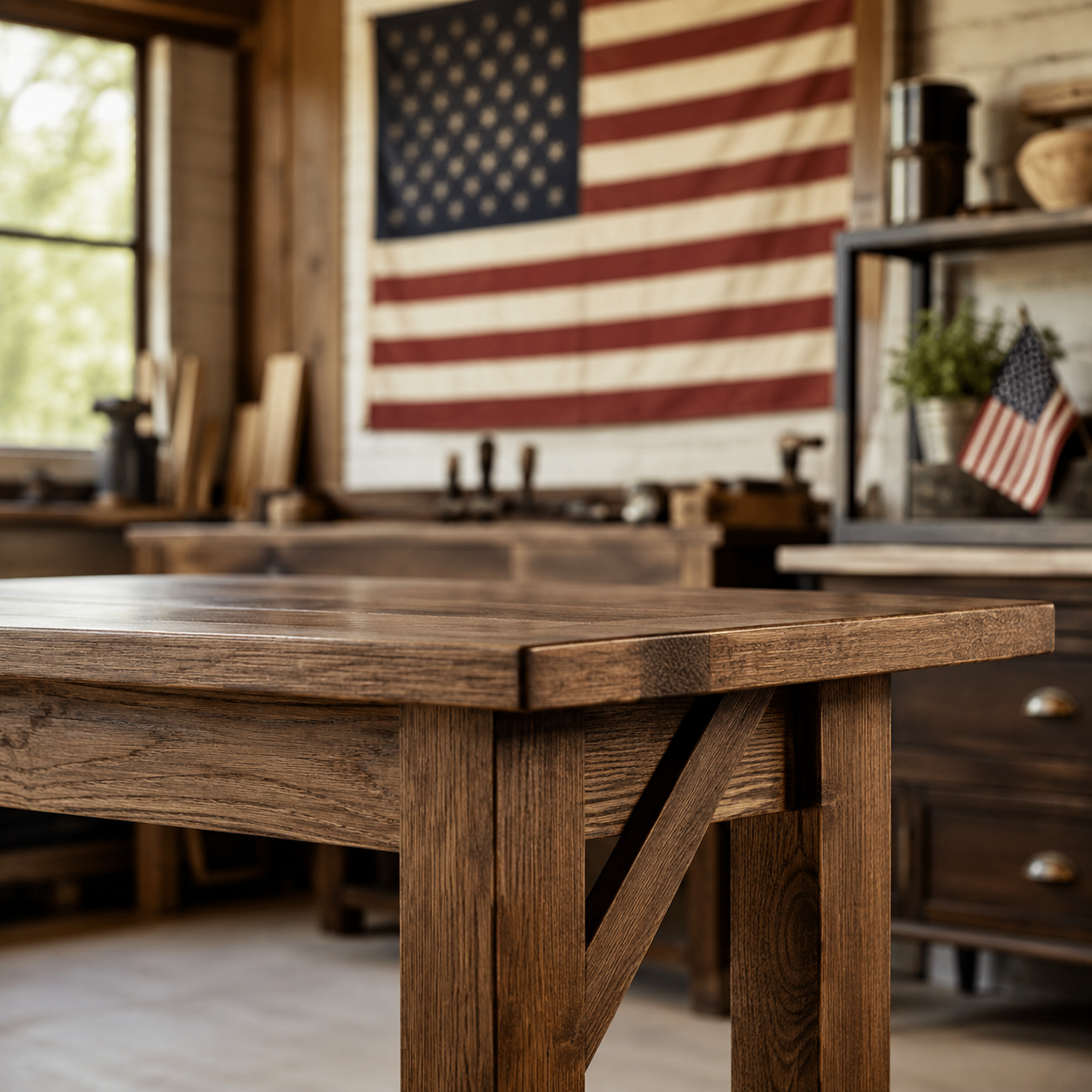 Wooden table in a rustic kitchen with an American flag in the background