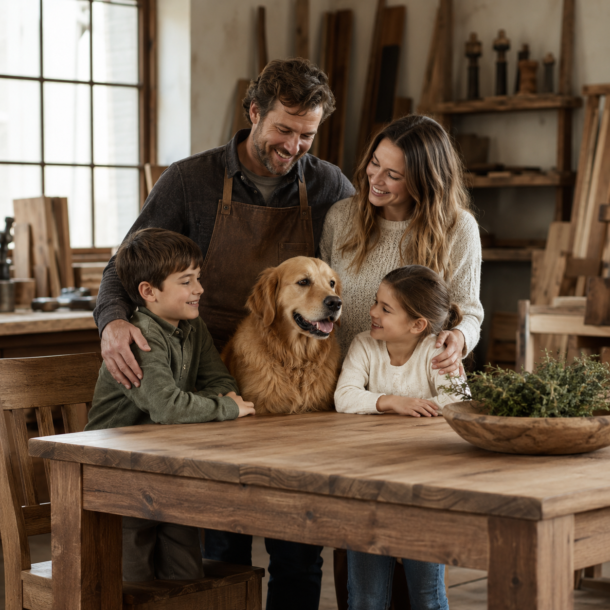 Family with two children and a dog sitting around a wooden table in a workshop.