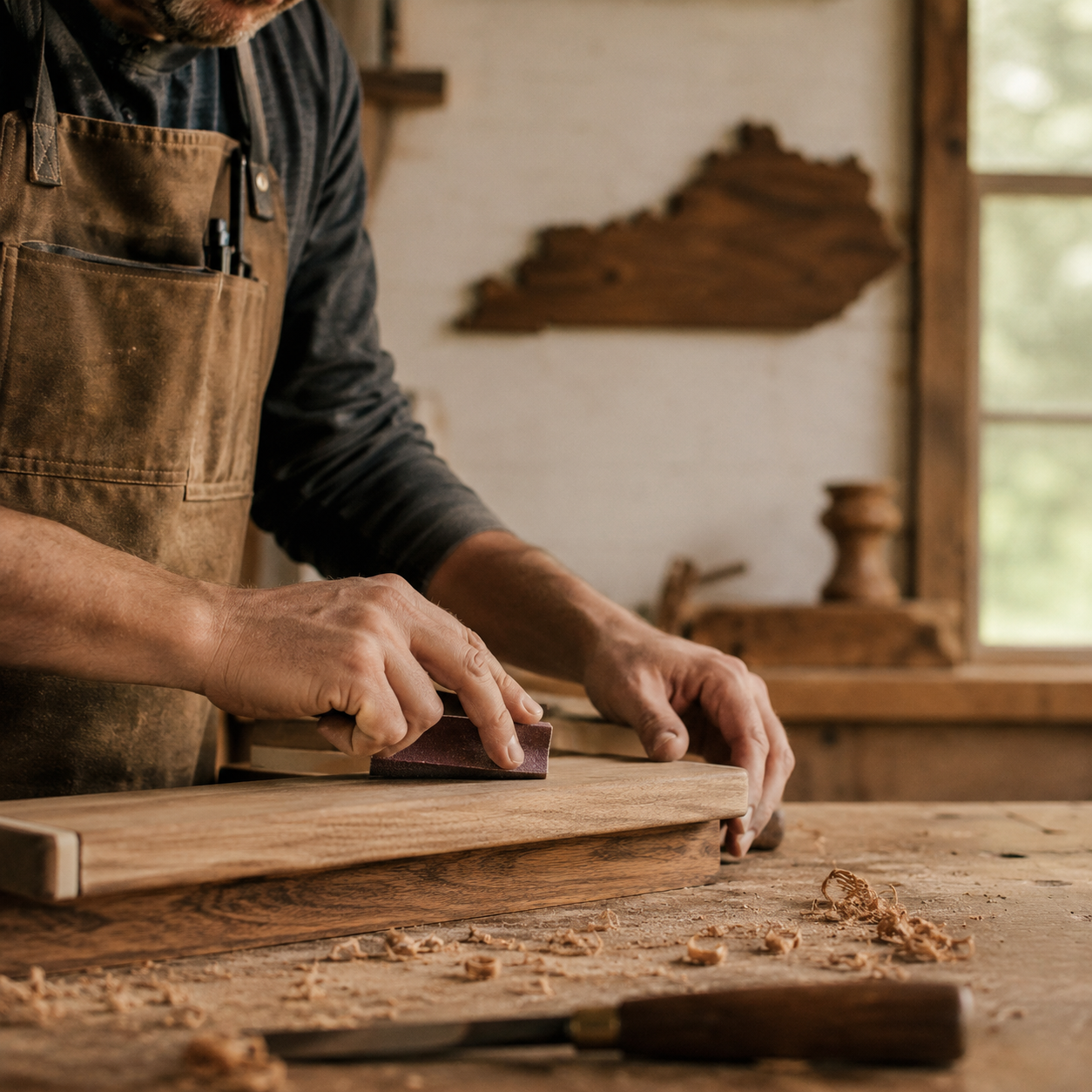 Person sanding a wooden board with a sanding block in a workshop setting.