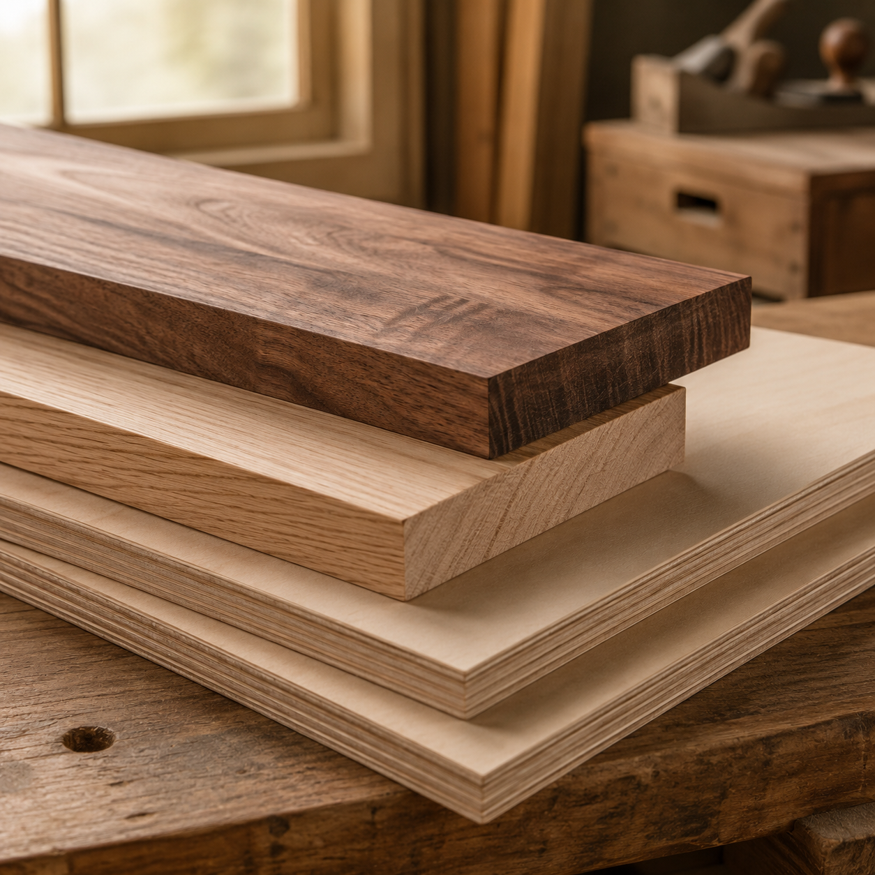 Stack of wooden planks on a rustic wooden surface