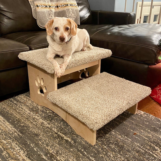 Image featuring a dog sitting comfortably on the top step of our extra deep 14-inch 2-step pet steps with tan carpeting and no stain, highlighting the product's size, carpet color, and design against a neutral background.