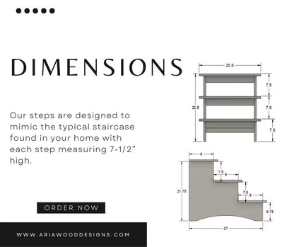 Diagram showing the dimensions of 23-inch pet steps, with labeled measurements for height, width, and depth of each step.