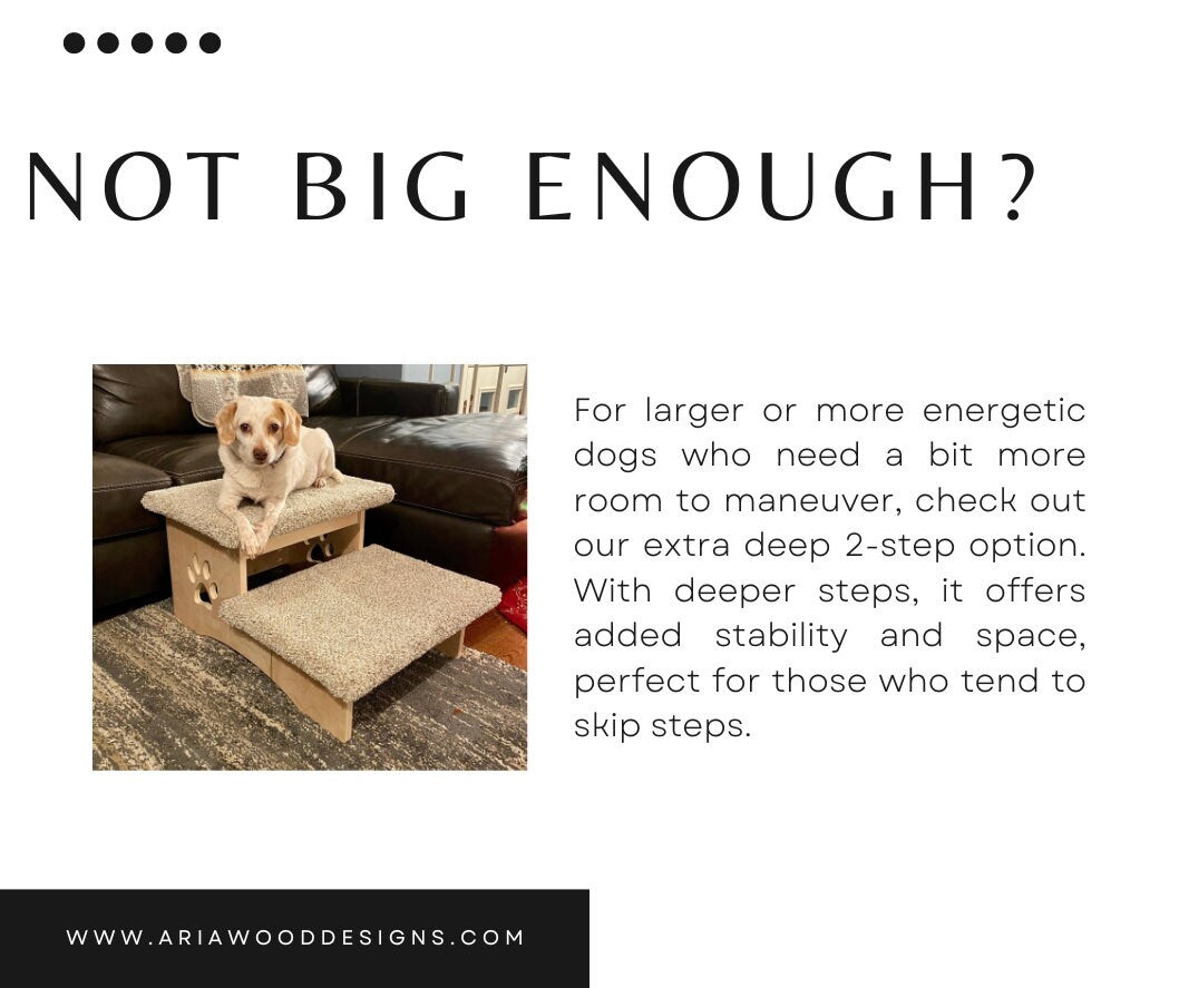 Image showcasing our extra deep 2-step pet steps, featuring wider and deeper steps for enhanced stability, ideal for larger or more energetic dogs, and those prone to skipping steps.