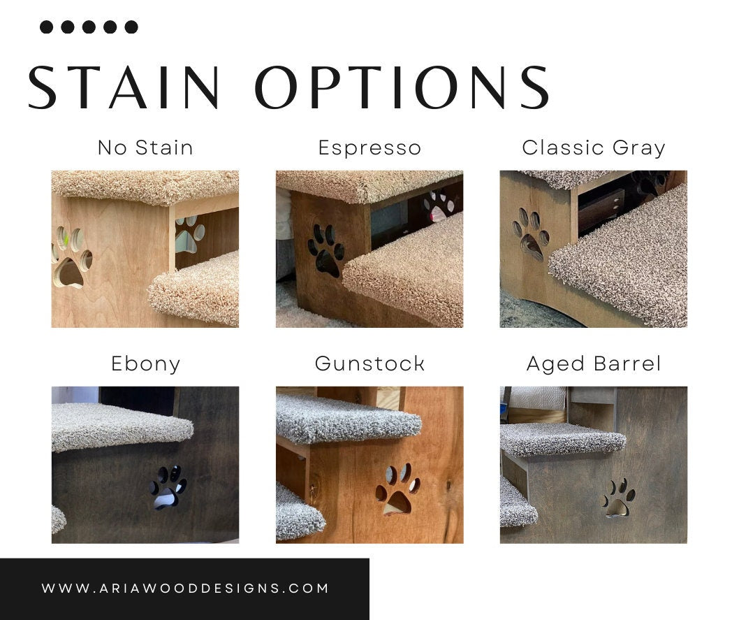 Image displaying a range of wood stain samples for pet products, including shades from light natural to dark espresso, each labeled for easy identification.